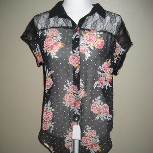Daniel Rainn Sheer Floral & Lace Tie Front Button Blouse Short Sleeve Size M